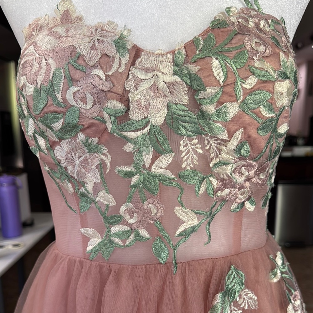 Romantic Fairy Pink Floral Embroidered Strapless Dress